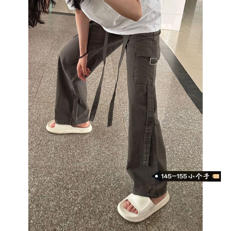 美式辣妹高街vibe工裝牛仔褲女綁帶大口袋小個子直筒高腰闊腿褲潮