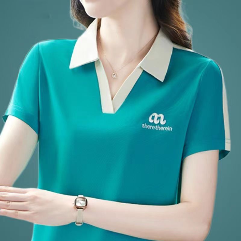 短袖t恤女夏季2023新款時尚氣質中年媽媽polo衫翻領半袖大碼上衣