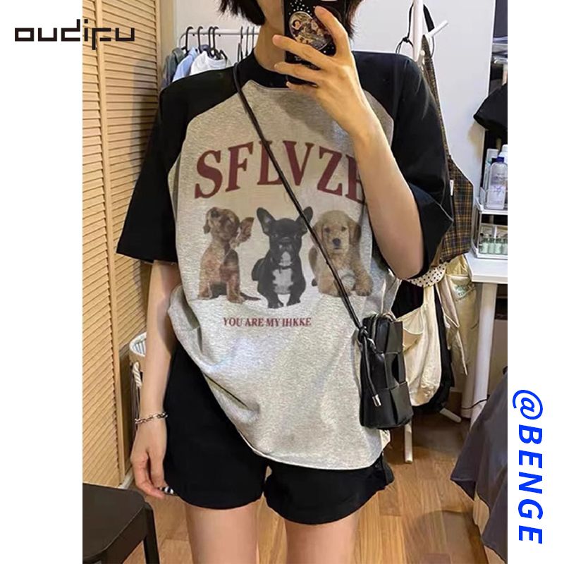 OUDIFU純棉短袖T恤女潮ins夏季2023新款多巴胺學生百搭插肩上衣潮