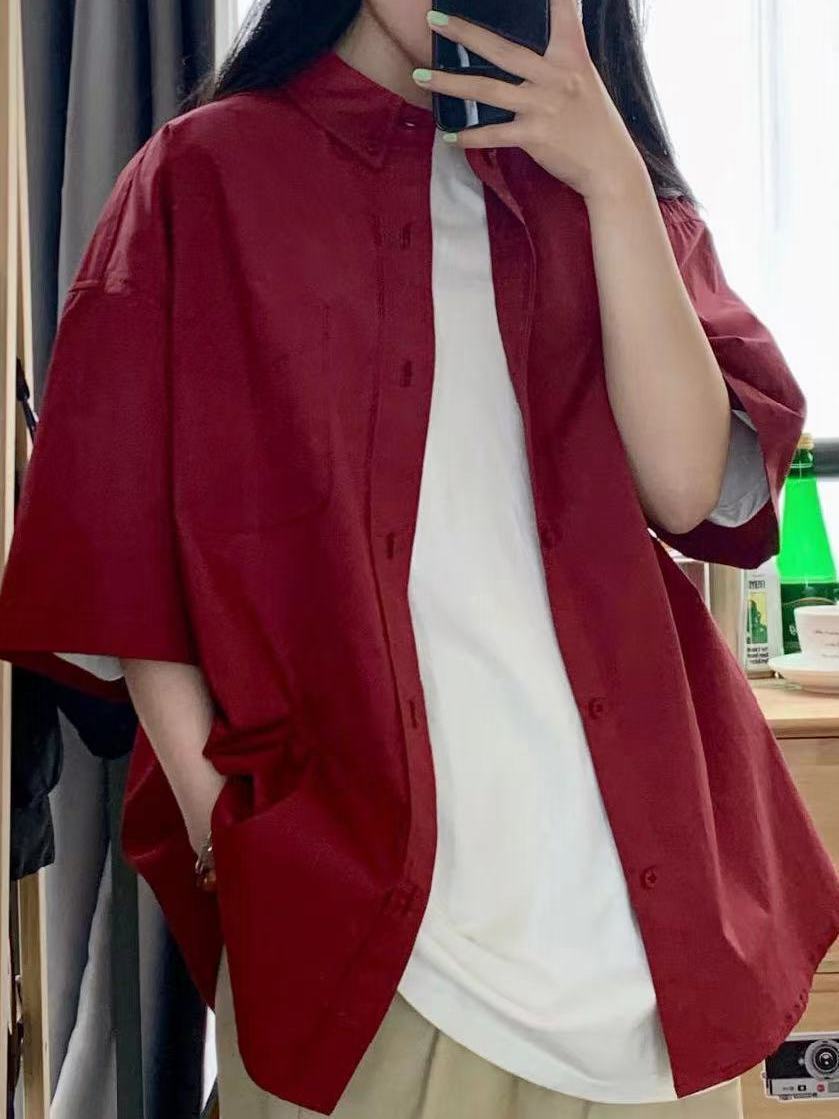 2023夏季新款酒紅色純棉短袖襯衫女韓版通勤設計感寬鬆百搭襯衣潮