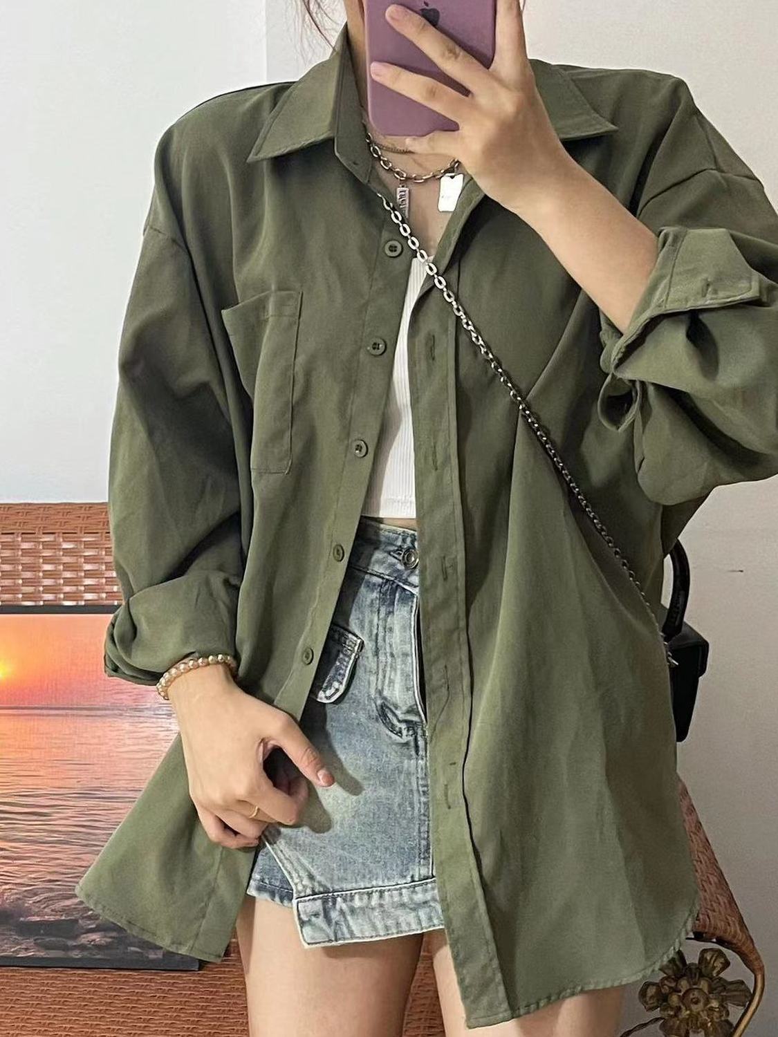 夏季新款復古軍綠色純棉襯衫女港風上衣寬鬆百搭襯衣防曬開衫外穿