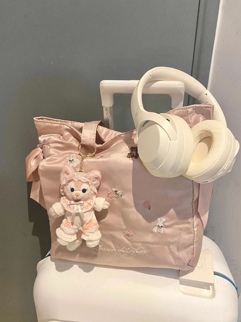 日系大號兔熊刺繡新款蝴蝶結手提包2023新款少女風單肩包托特包