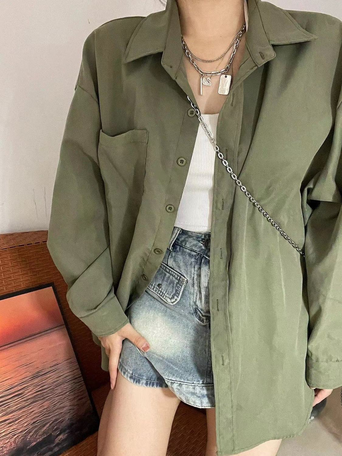 夏季港味復古軍綠色純棉襯衫女學生上衣寬鬆休閒襯衣外穿防曬衣潮