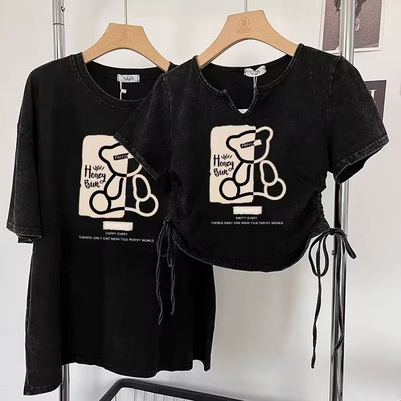 100% pure cotton American retro washed and distressed couple summer wear short-sleeved design ins drawstring short top