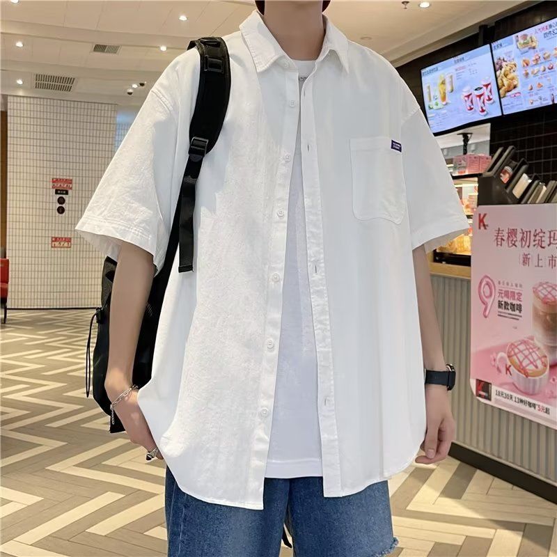 Japanese pure cotton white shirt men's short-sleeved boy handsome Korean style simple loose shirt handsome versatile student jacket