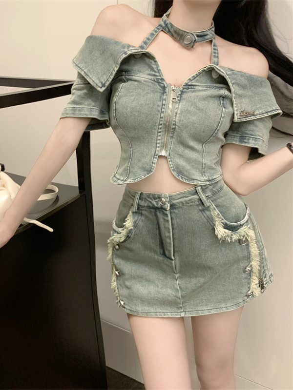 Hot girl summer denim suit halter neck one-shoulder shirt top women  new hip-covering skirt two-piece set