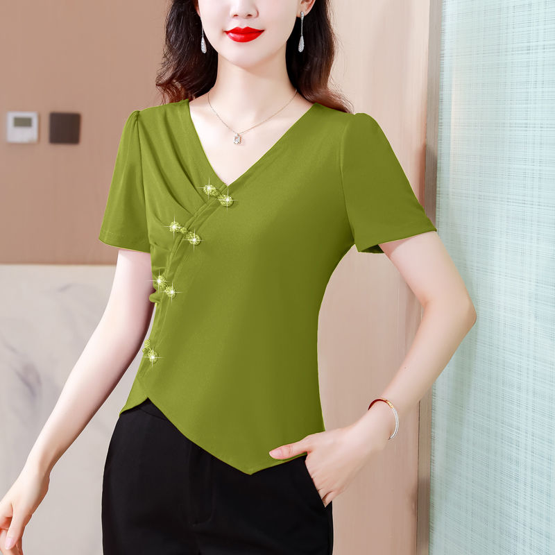 夏季新款時尚釘珠盤扣V領不規則T恤女設計感顯瘦短袖小個子上衣