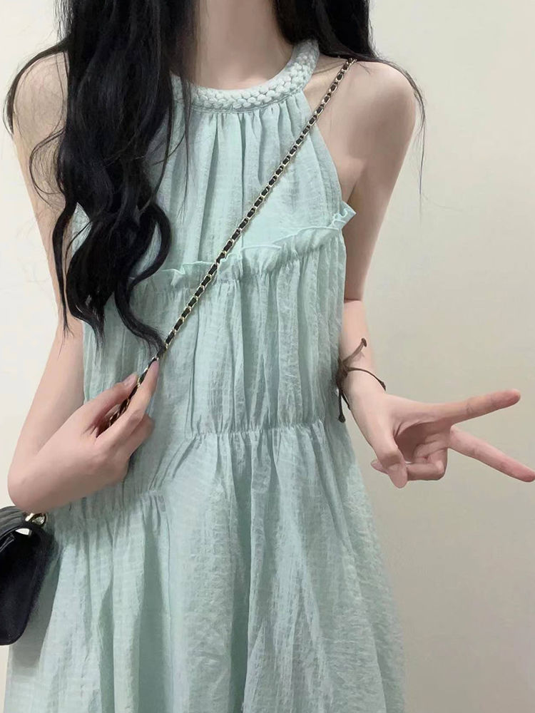 韓系時尚溫柔風露肩氣質無袖連衣裙女學生夏季新款度假風高貴裙子