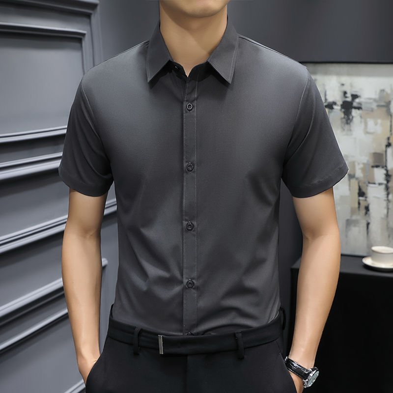 男士夏季纯色短袖衬衫新款免烫抗皱商务休闲修身黑色灰色寸衫
