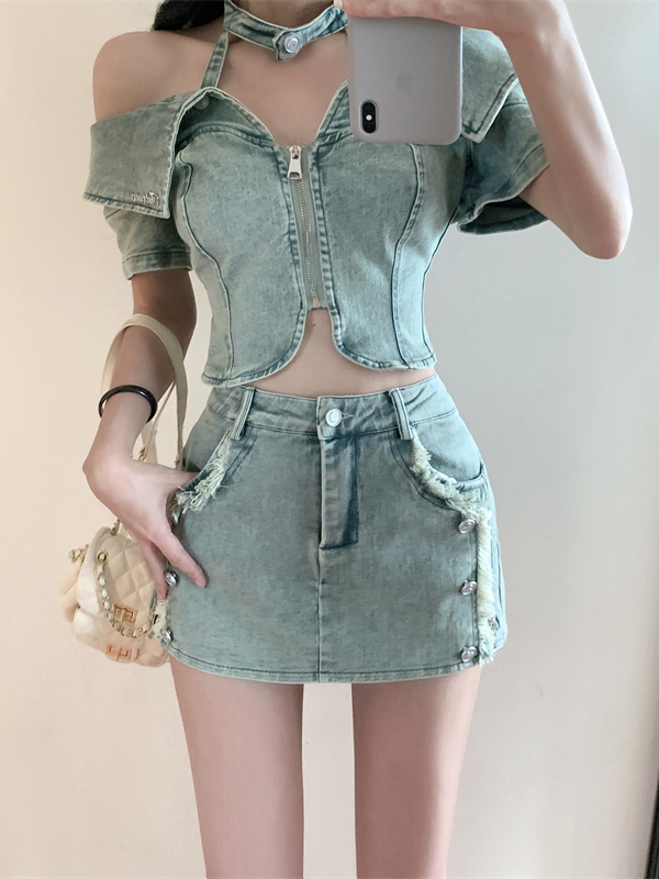 Hot girl summer denim suit halter neck one-shoulder shirt top women  new hip-covering skirt two-piece set