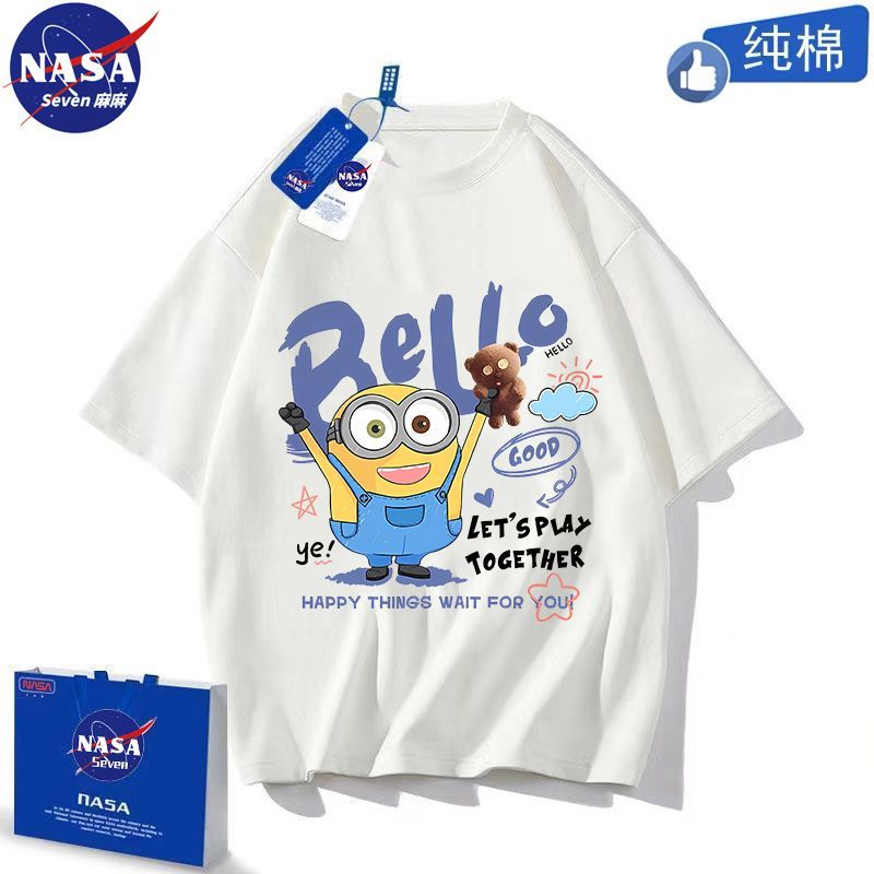 NASA cartoon minion short-sleeved parent-child outfit summer pure cotton T-shirt breathable family of three mother-child outfit for the eldest child