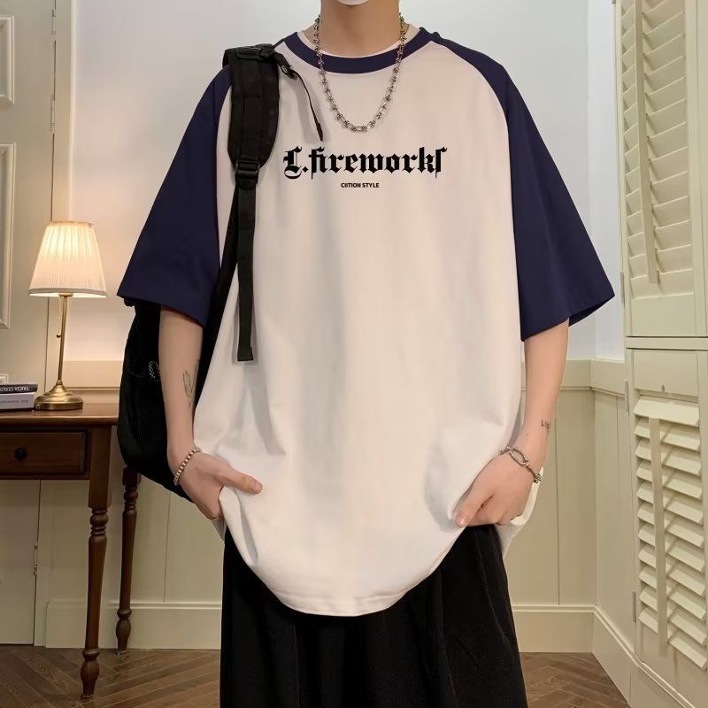 100% cotton heavyweight t-shirt men's short-sleeved new summer ins trendy brand loose trend color-blocked t-shirt half-sleeved top