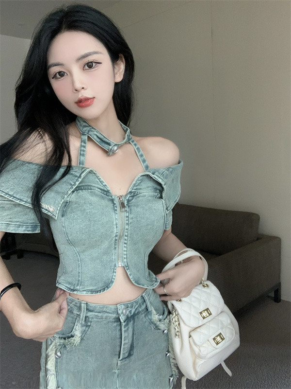 Hot girl summer denim suit halter neck one-shoulder shirt top women  new hip-covering skirt two-piece set