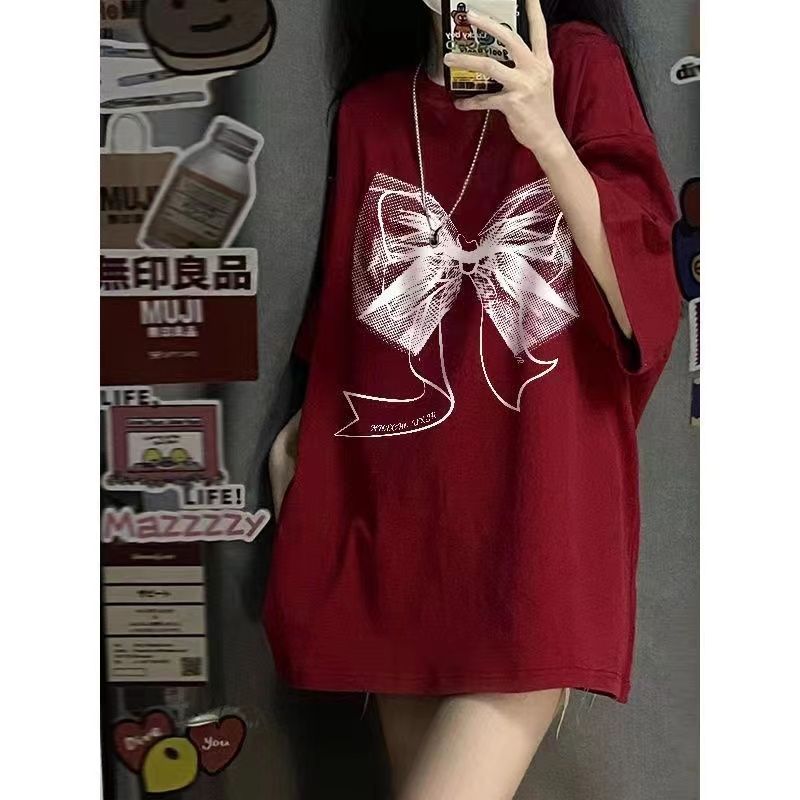 美式潮牌oversize酒紅色短袖t恤女夏季小眾百搭半袖ins潮寬鬆上衣