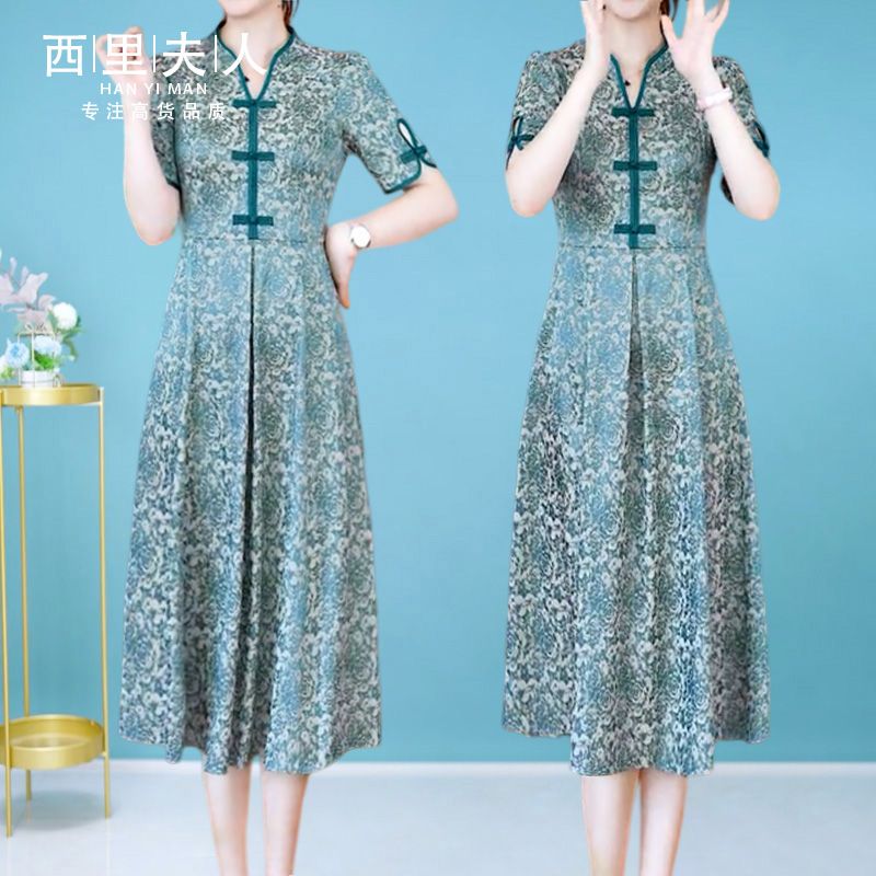 改良旗袍連衣裙女夏2023新款年輕氣質高端國際品牌喜婆婆媽媽禮服
