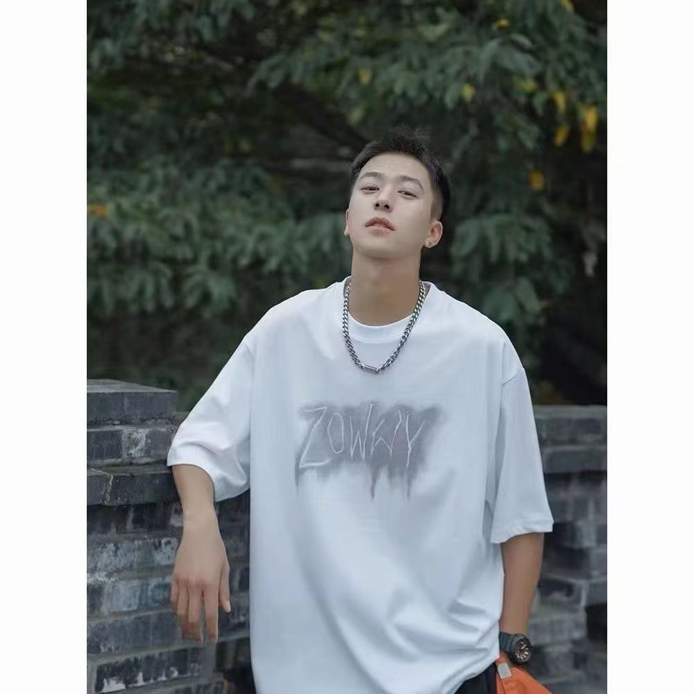 100% cotton summer blurred letters trendy brand printed short-sleeved T-shirt men's half-sleeved loose casual bottoming T-shirt