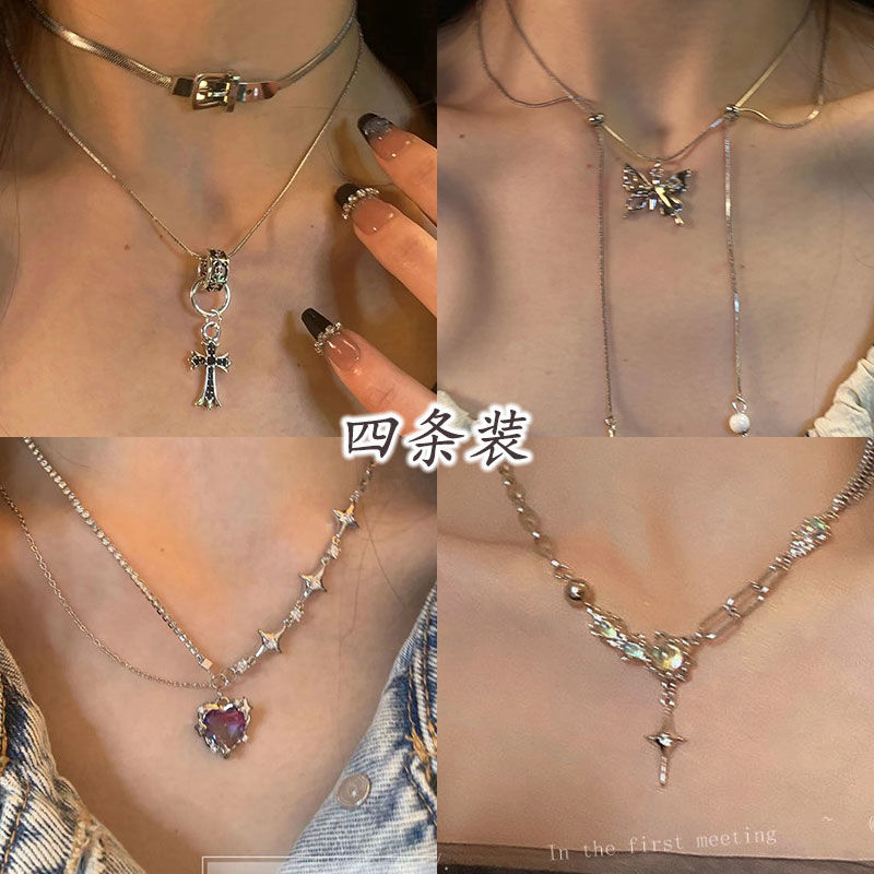【棠洛】疊戴系列 皮帶扣疊戴十字架吊墜項鍊潮酷感雙條疊戴新款