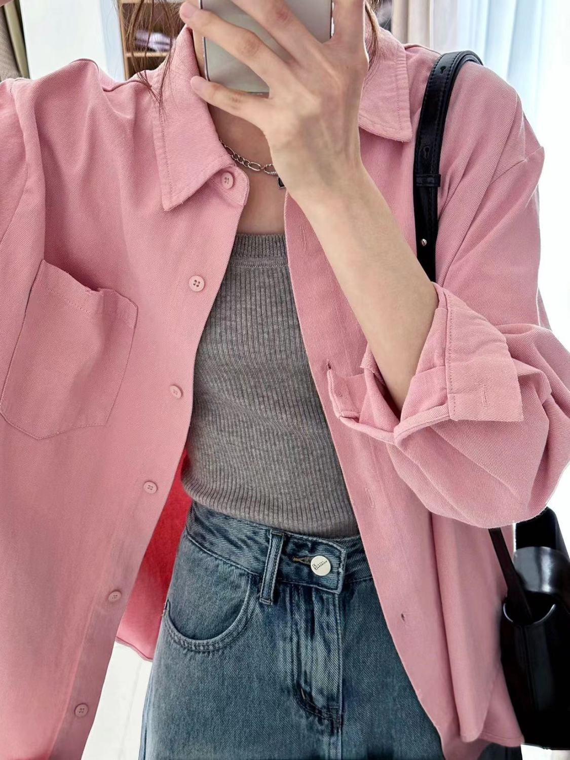 2023夏季薄款顯白煙粉色襯衫女寬鬆顯瘦純棉襯衣百搭休閒防曬衣潮