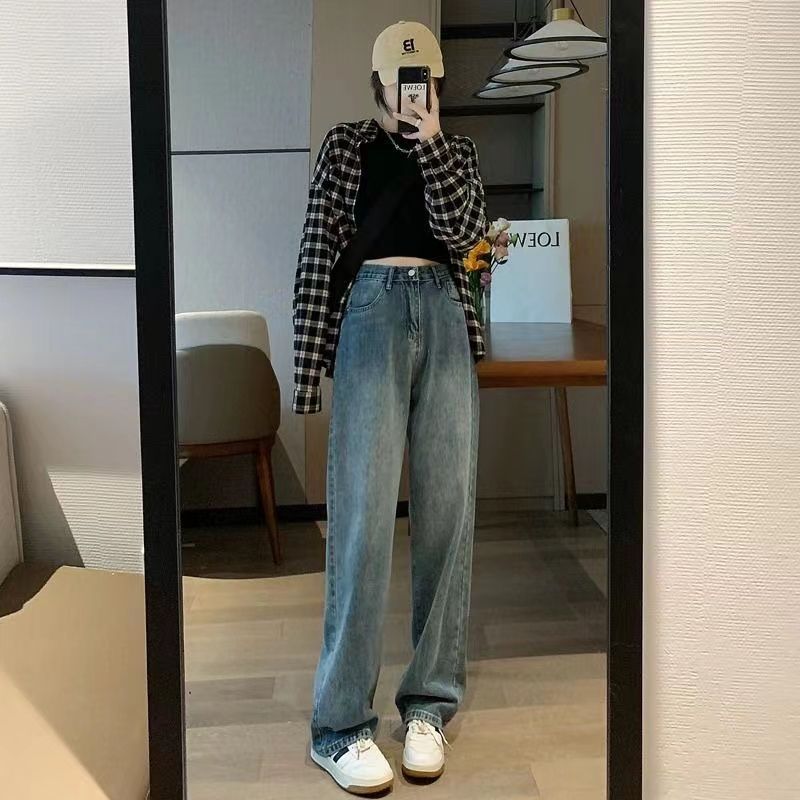 小個子秋季復古垂感牛仔褲女小眾直筒高腰寬鬆顯瘦chic闊腿長褲潮