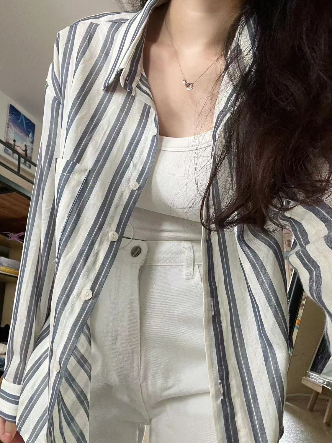 夏季薄款灰色條紋防曬襯衫外套女港風復古襯衣外穿寬鬆百搭上衣服