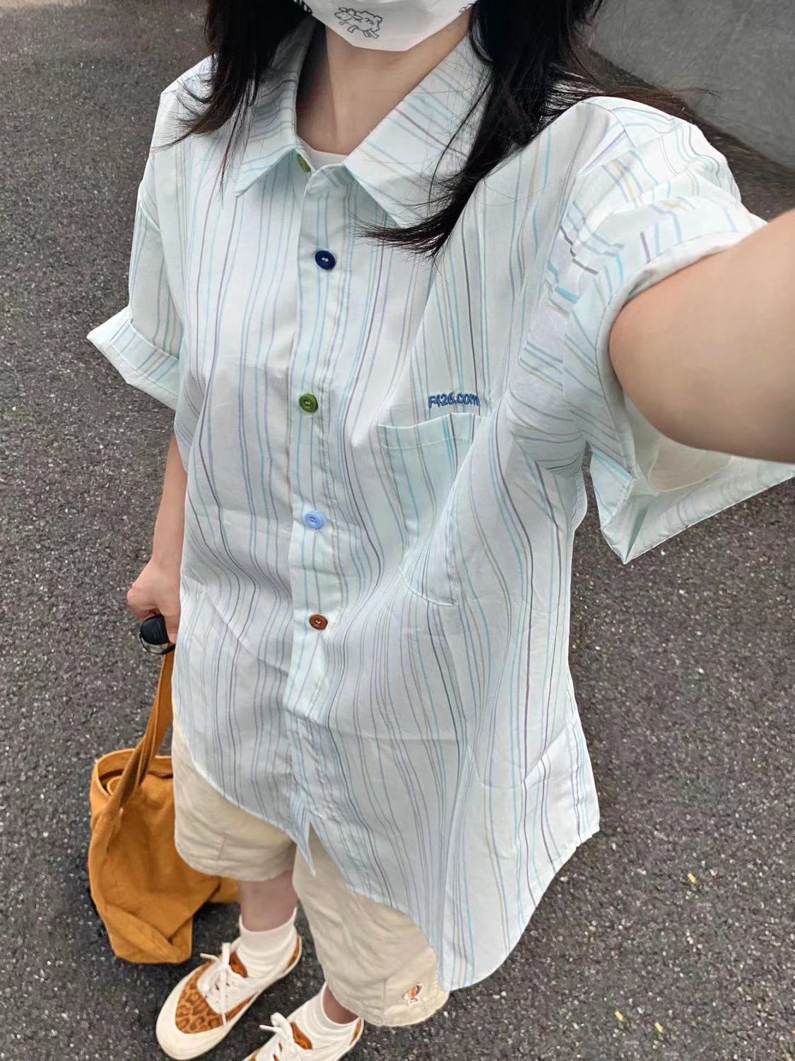 夏季2023新款條紋襯衫短袖女日系小清新寬鬆百搭上衣薄款襯衣外穿