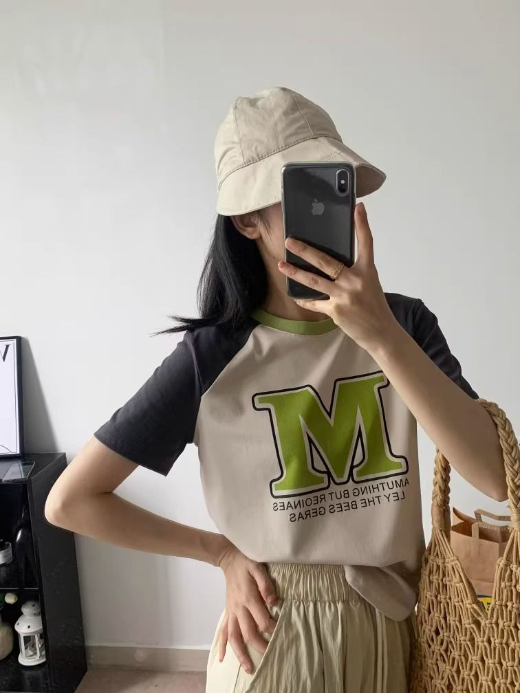 撞色印花短袖t恤女夏裝新款韓版大碼胖mm洋氣遮肉時尚上衣2-300斤