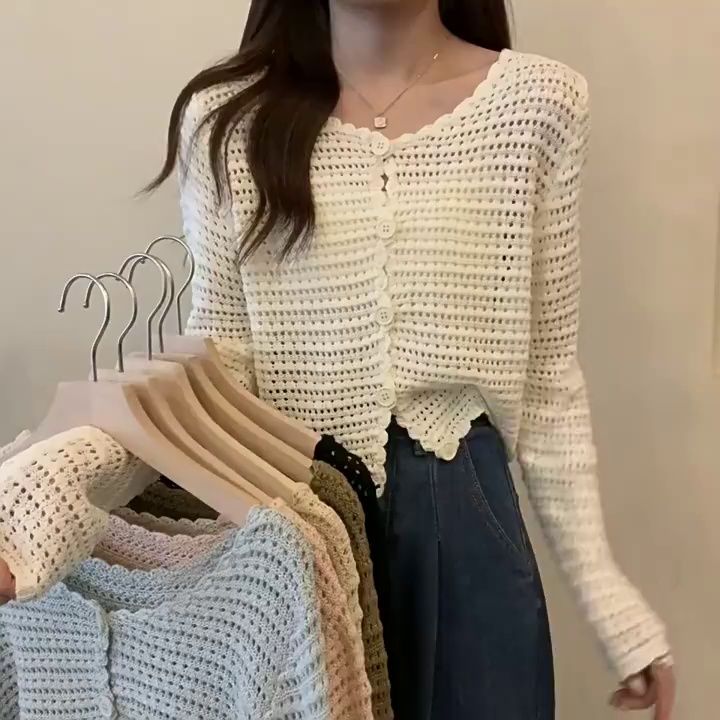 Hollow knitted cardigan summer new long-sleeved shawl with a small blouse jacket foreign style short net shirt top women