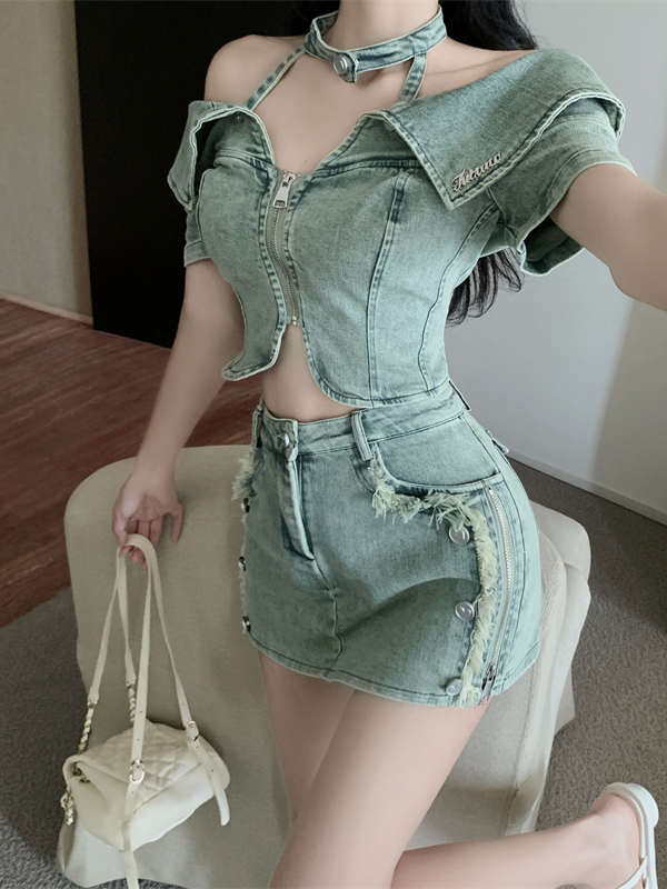 Hot girl summer denim suit halter neck one-shoulder shirt top women  new hip-covering skirt two-piece set