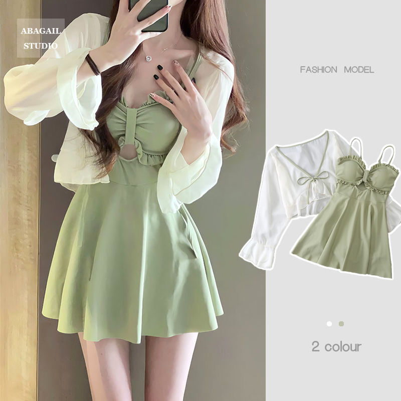 2023 new swimsuit for women covering belly, slimming, conservative, anti-exposure, super fairy ins style, summer long sleeves, slightly fat mm students