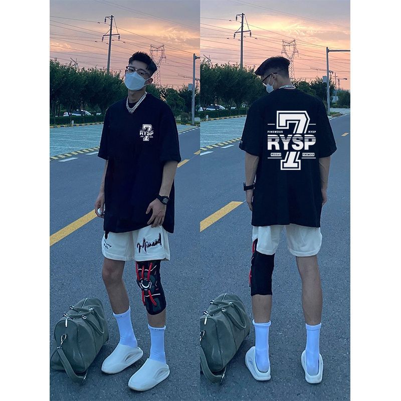 100% cotton American high street white t-shirt men's summer heavy short-sleeved trendy cityboy digital printed T-shirt