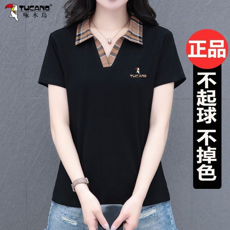 啄木鳥純棉polo衫短袖t恤女2023夏季v領打底衫洋氣薄款媽媽上衣