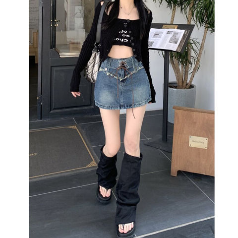 高腰復古牛仔半身裙女純欲辣妹綁帶a字半裙小個子短裙包臀裙褲裙