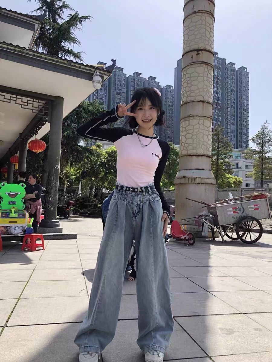 秋季新款水洗慵懶寬鬆設計感牛仔褲女夏顯瘦直筒小眾闊腿長褲子春