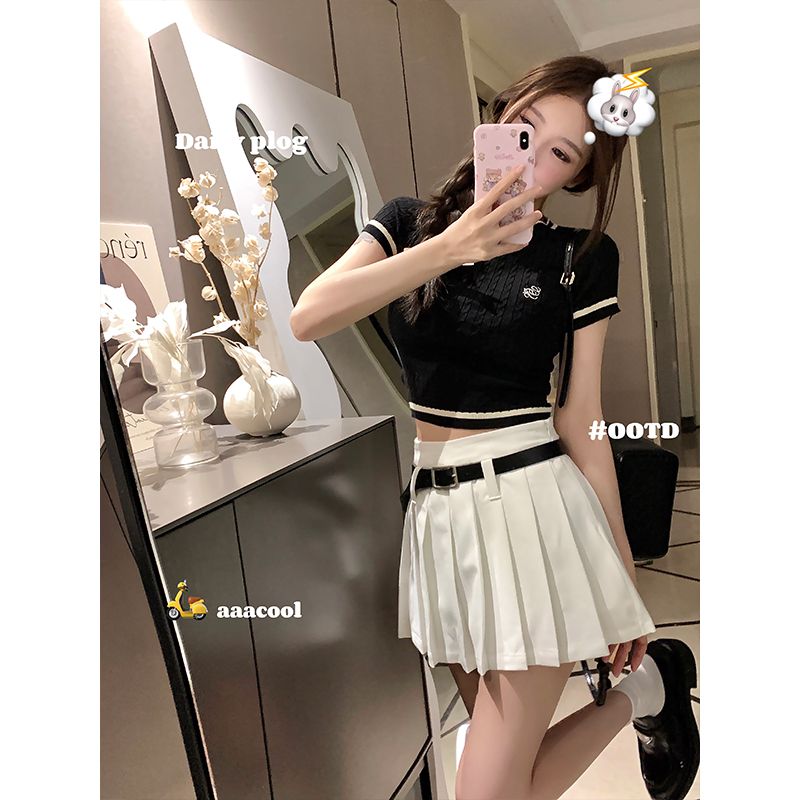 NAYA CHAN Seoul Museum of Art College Style Knitted Contrast Color Short-sleeved T-Shirt Women's Summer Short Shoulder Top