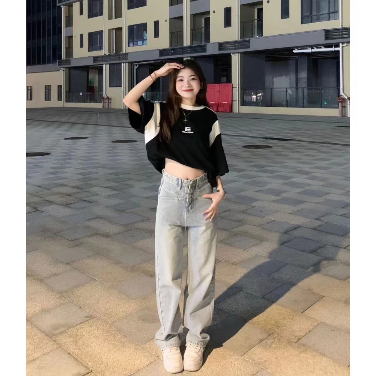 春秋季辣妹牛仔褲女直筒顯瘦遮肉拖地長褲百搭水洗做舊復古網紅潮