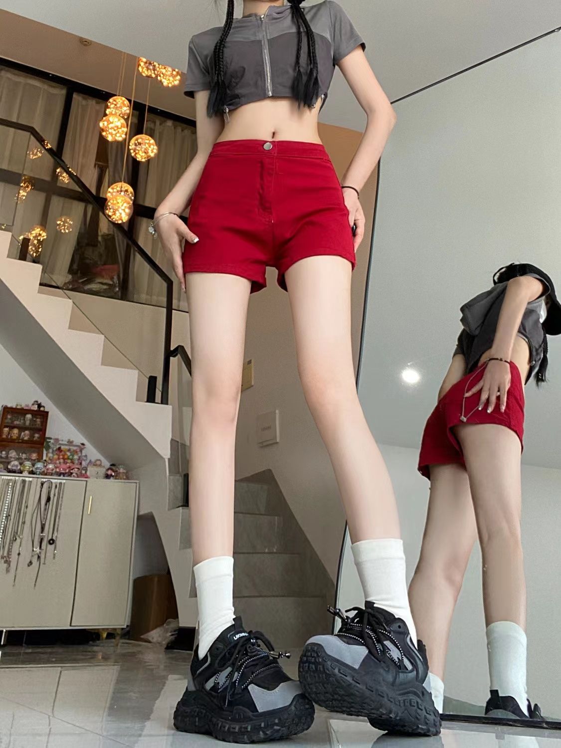 夏季紅色牛仔短褲女水洗彈力熱褲a字包臀修身美式小眾顯腿長潮流