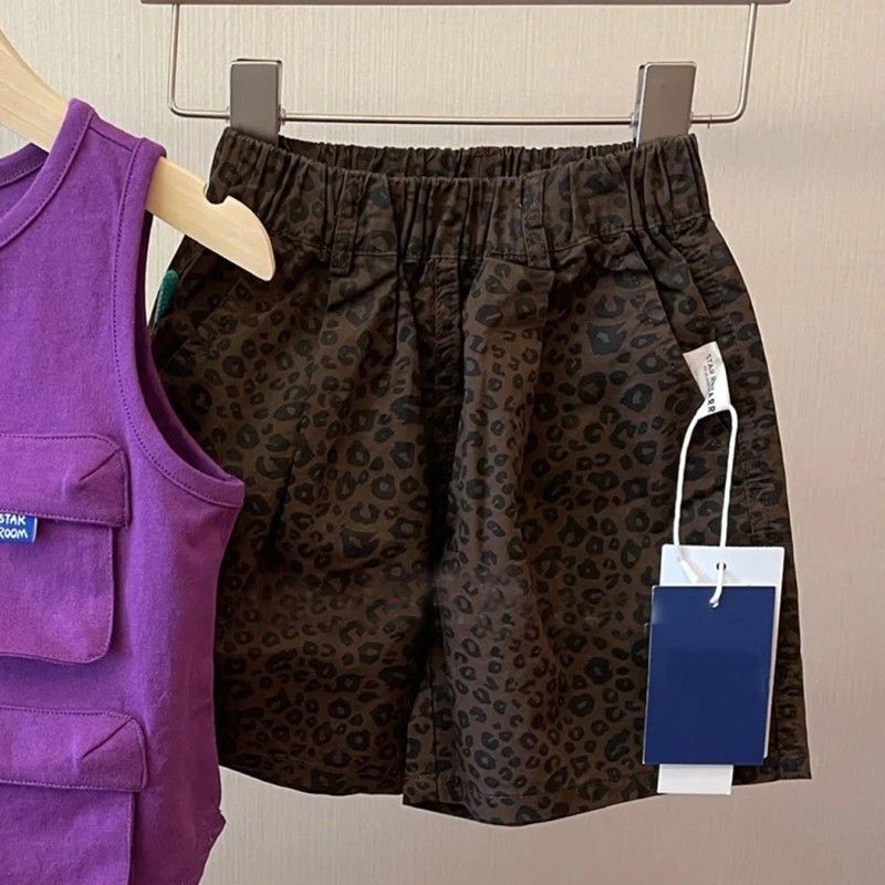 Korean style boys summer suit children handsome fashionable leopard print shorts baby versatile purple vest two-piece set