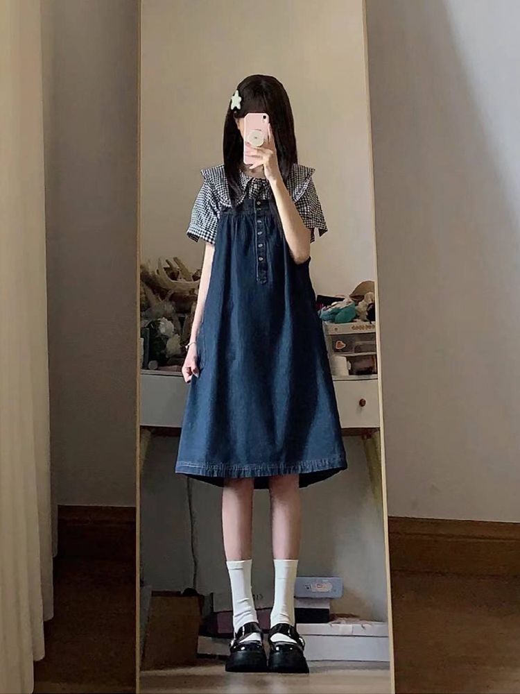 日系學院風小個子復古顯瘦牛仔背帶裙女學生+夏季格子娃娃領襯衫