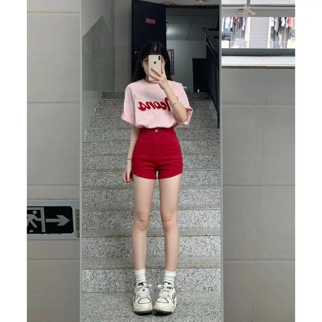 American denim shorts for women, washed elastic, straight, distressed, a-line, butt-covering, niche, versatile, tight, leg-lengthening, summer