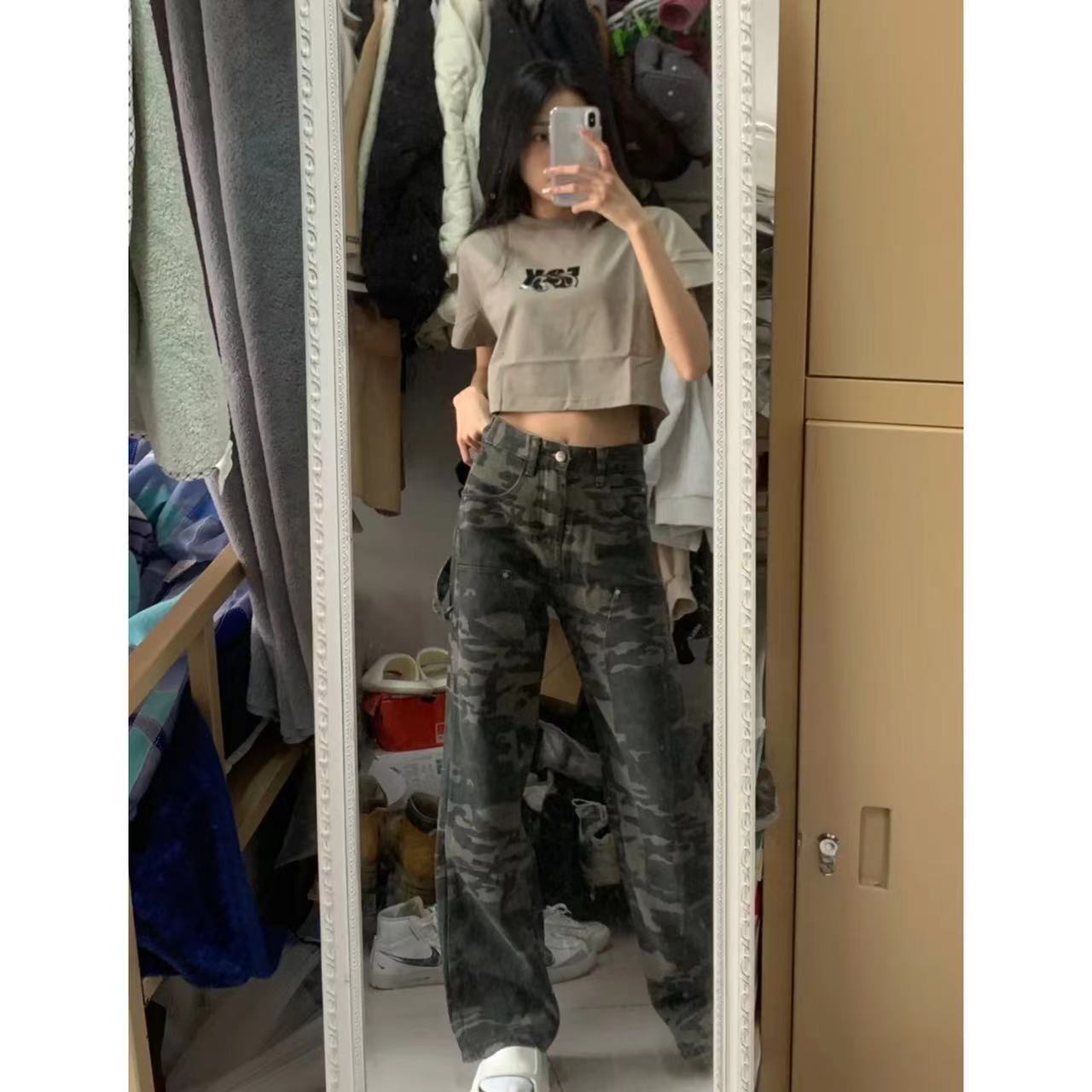 美式迷彩牛仔褲女拖地長褲寬鬆直筒辣妹遮肉顯瘦跳舞褲百搭歐美風