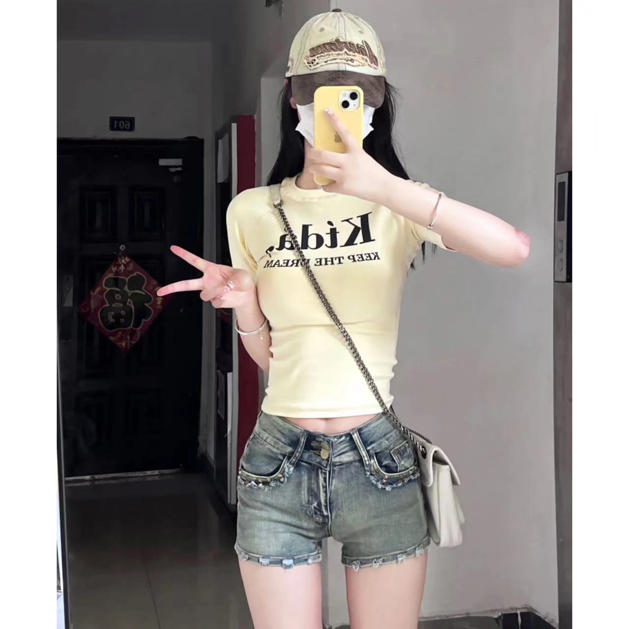 美式牛仔短褲女水洗彈力熱褲a字燙鑽包臀修身直筒辣妹顯腿長復古