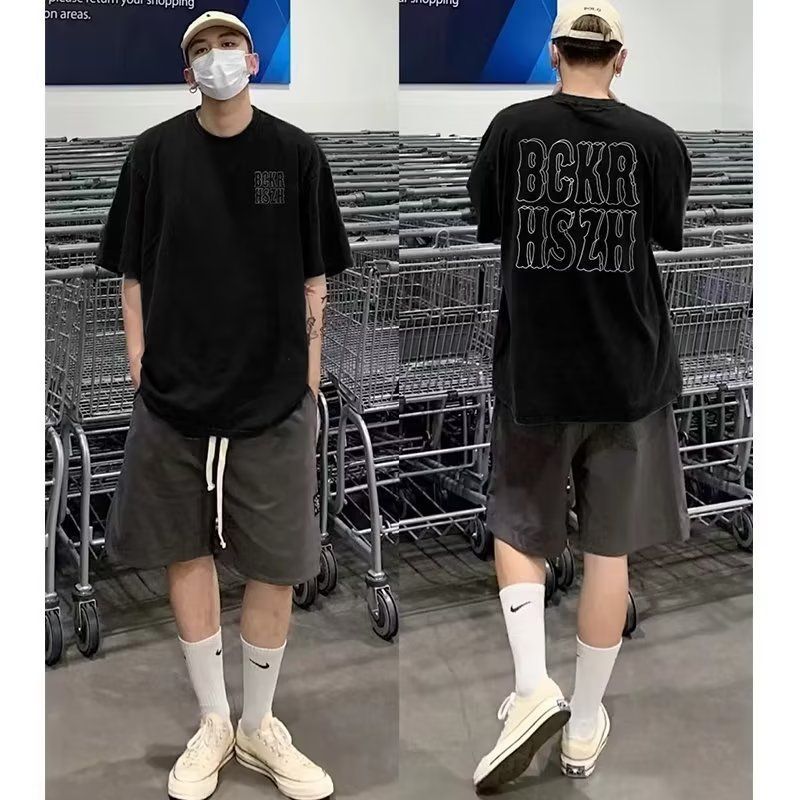 100% pure cotton heavyweight pure cotton American loose short-sleeved t-shirt for men black versatile half-sleeved t-shirt trendy brand tops for men