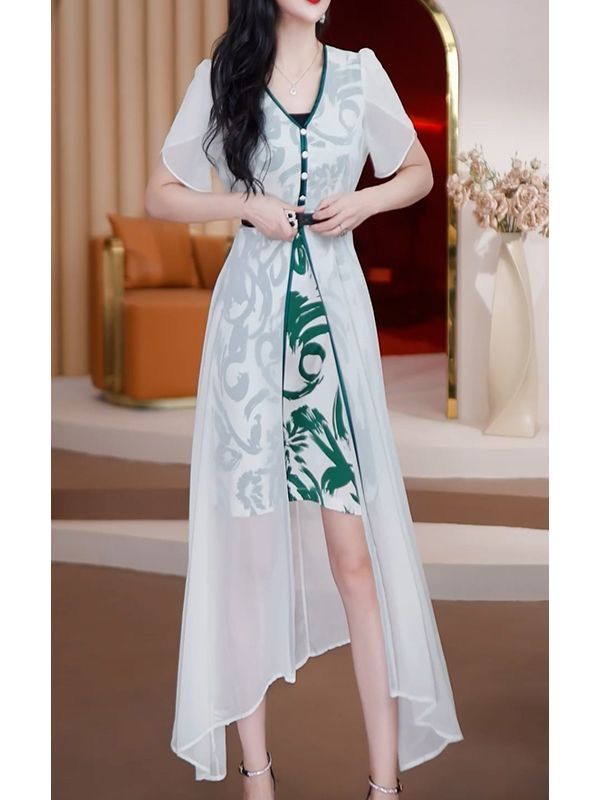 法式設計感拼接假兩件氣質減齡顯瘦高檔印花連衣裙女2023夏季新款