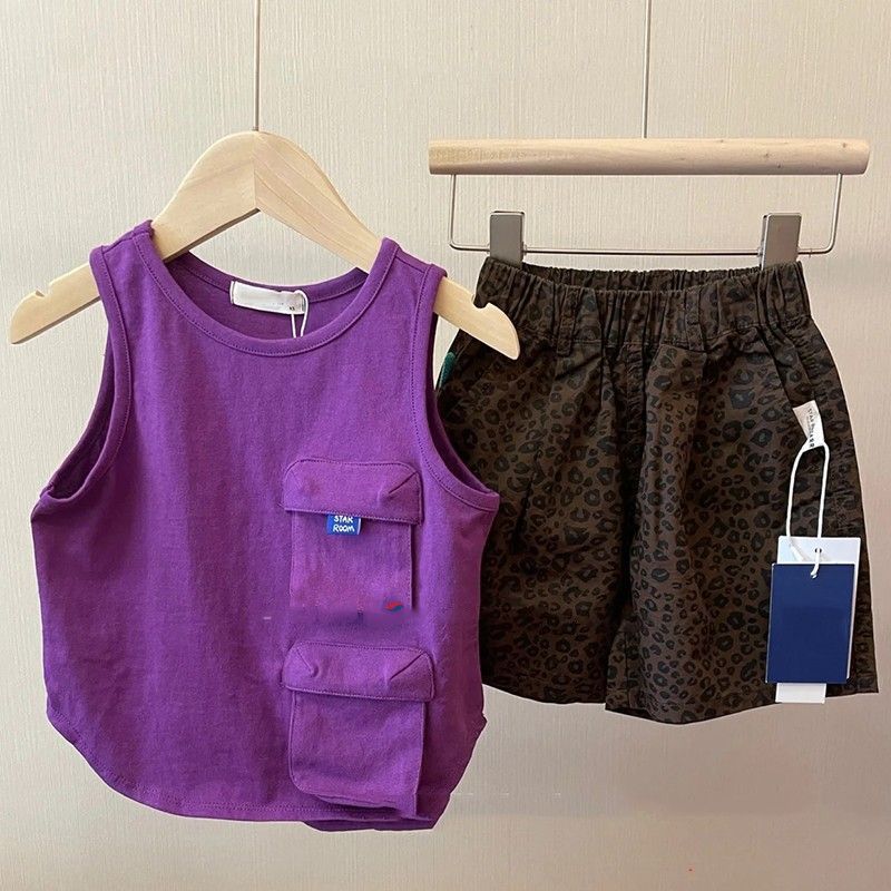 Korean style boys summer suit children handsome fashionable leopard print shorts baby versatile purple vest two-piece set