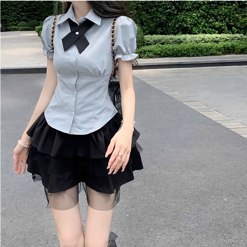 小個子套裝學院風短裙半身裙夏季裙子日系JK制服短款襯衫女兩件套