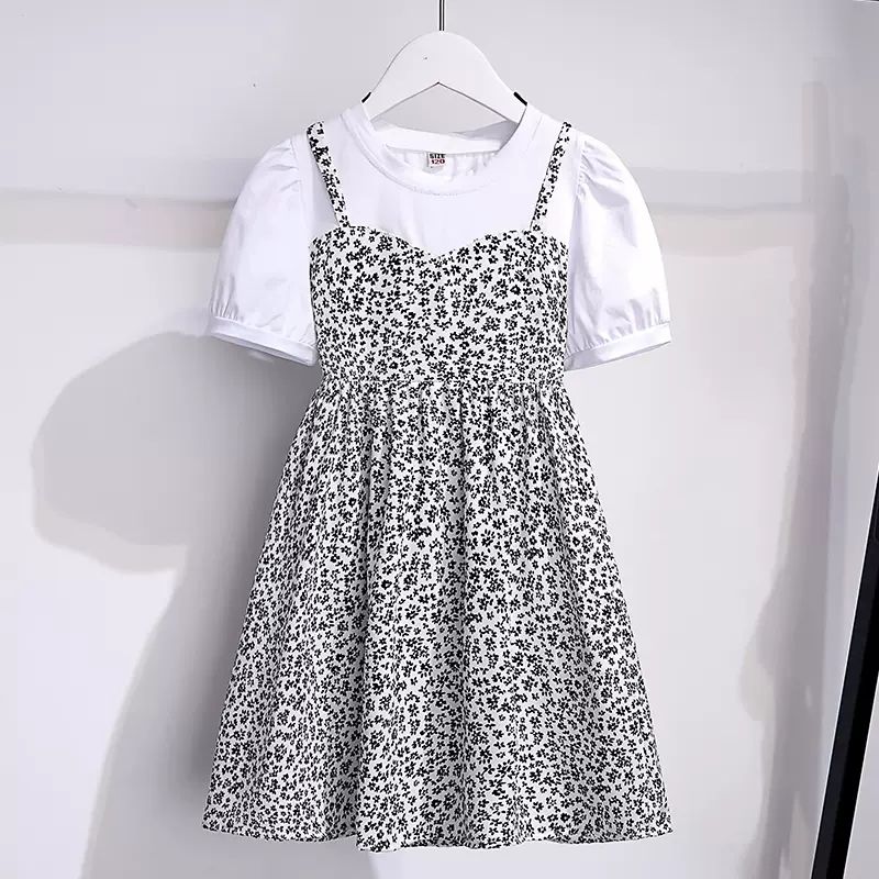 女童碎花連衣裙夏季新款洋氣時髦女孩圓領假兩件夏裝薄款短袖裙子