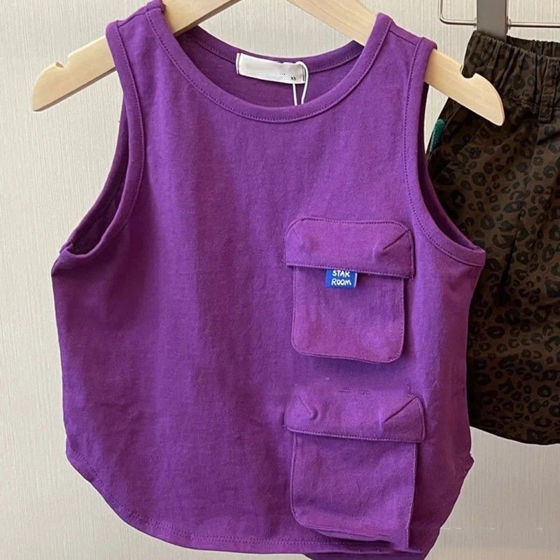 Korean style boys summer suit children handsome fashionable leopard print shorts baby versatile purple vest two-piece set