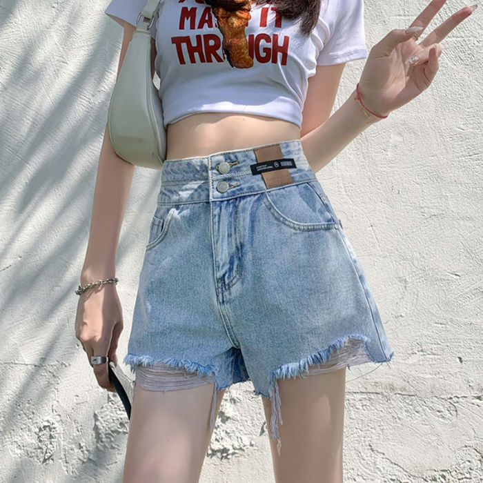 小眾破洞毛邊短褲夏季辣妹復古做舊牛仔褲女設計感熱褲高腰褲子潮