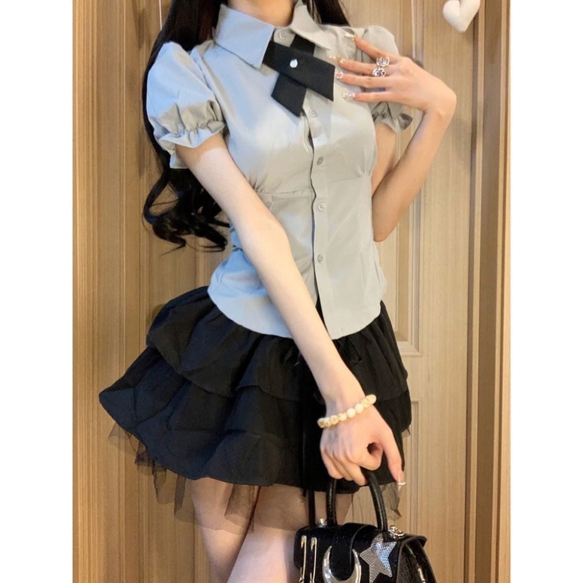 夏季新款日系JK制服套裝女收腰顯瘦泡泡袖襯衫上衣高腰蓬蓬蛋糕裙