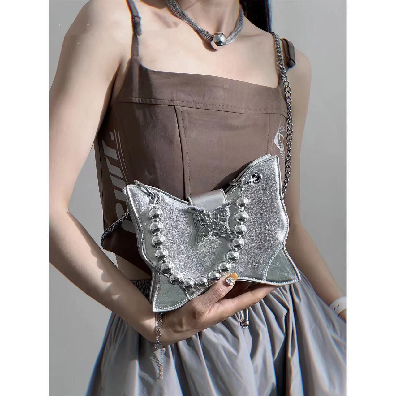 Super hot silver women's bag summer 2024 new trendy and versatile sweet and cool hot girl bag high-end texture small...